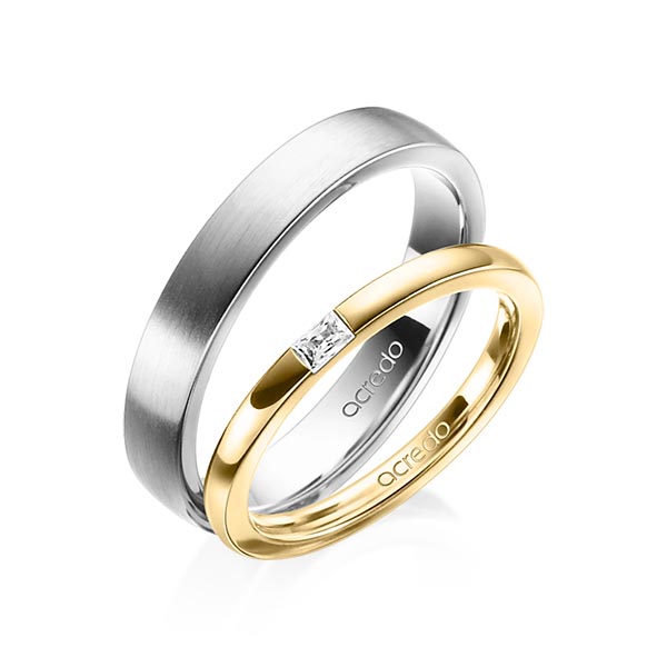 Paar klassische Trauringe/Eheringe in Gelbgold 585 mit zus. 0,07 ct. Baguette-Diamant tw, vs von acredo - A-1402-10 Paar klassische Trauringe/Eheringe in Gelbgold 585 mit zus. 0,07 ct. Baguette-Diamant tw, vs von acredo - A-1402-10