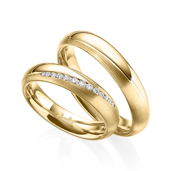 Paar klassische Trauringe/Eheringe in Gelbgold 585 mit zus. 0,14 ct. Brillant tw, si von Steinberg - Q-1578-6 Paar klassische Trauringe/Eheringe in Gelbgold 585 mit zus. 0,14 ct. Brillant tw, si von Steinberg - Q-1578-6