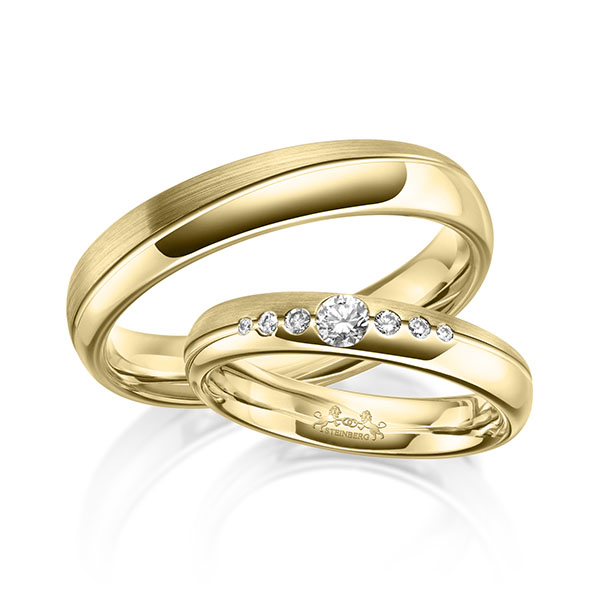 Paar klassische Trauringe/Eheringe in Gelbgold 585 mit zus. 0,16 ct. Brillant tw, si von Steinberg - Q-1625-2 Paar klassische Trauringe/Eheringe in Gelbgold 585 mit zus. 0,16 ct. Brillant tw, si von Steinberg - Q-1625-2