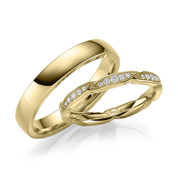 Paar klassische Trauringe/Eheringe in Gelbgold 585 mit zus. 0,315 ct. Brillant tw, si von Steinberg - Q-1675-3 Paar klassische Trauringe/Eheringe in Gelbgold 585 mit zus. 0,315 ct. Brillant tw, si von Steinberg - Q-1675-3