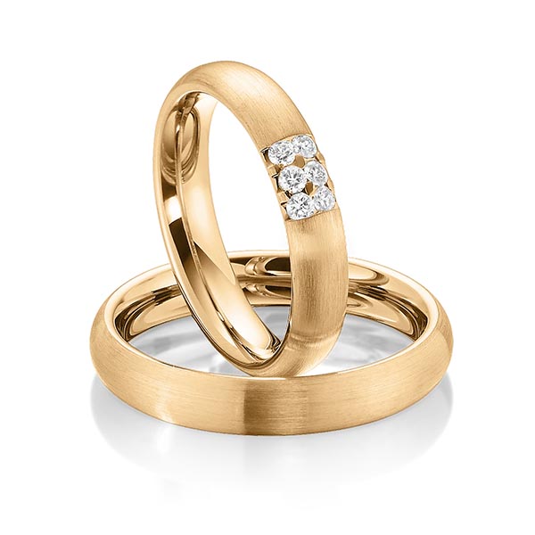 Paar klassische Trauringe/Eheringe in Roségold 585 mit zus. 0,15 ct. Brillant tw, si von Steinberg - Q-1475-1 Paar klassische Trauringe/Eheringe in Roségold 585 mit zus. 0,15 ct. Brillant tw, si von Steinberg - Q-1475-1