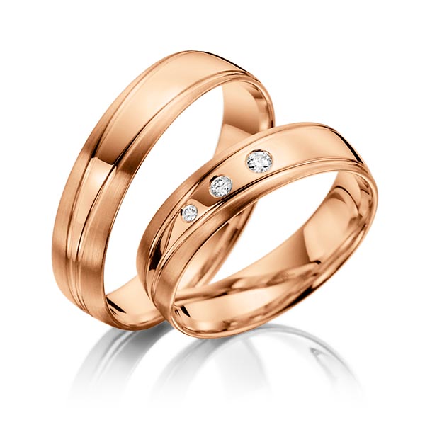 Paar klassische Trauringe/Eheringe in Rotgold 375 mit zus. 0,06 ct. Brillant tw, si von Steinberg - T-1116-3 Paar klassische Trauringe/Eheringe in Rotgold 375 mit zus. 0,06 ct. Brillant tw, si von Steinberg - T-1116-3