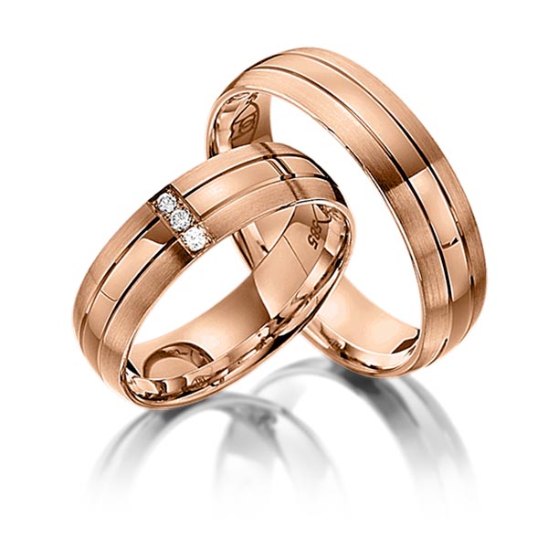 Paar klassische Trauringe/Eheringe in Rotgold 585 mit zus. 0,03 ct. Brillant tw, si von Steinberg - Q-1051-9 Paar klassische Trauringe/Eheringe in Rotgold 585 mit zus. 0,03 ct. Brillant tw, si von Steinberg - Q-1051-9