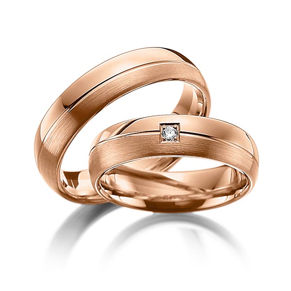 Paar klassische Trauringe/Eheringe in Rotgold 585 mit zus. 0,03 ct. Brillant tw, si von Steinberg - Q-1091-4 Paar klassische Trauringe/Eheringe in Rotgold 585 mit zus. 0,03 ct. Brillant tw, si von Steinberg - Q-1091-4