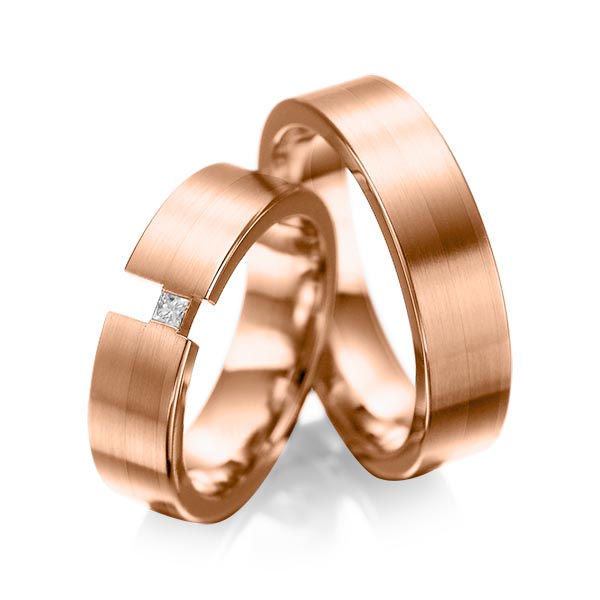 Paar klassische Trauringe/Eheringe in Rotgold 585 mit zus. 0,05 ct. Prinzess-Diamant tw, si von acredo - A-1025-16 Paar klassische Trauringe/Eheringe in Rotgold 585 mit zus. 0,05 ct. Prinzess-Diamant tw, si von acredo - A-1025-16