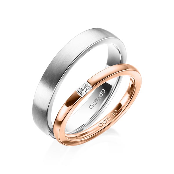 Paar klassische Trauringe/Eheringe in Rotgold 585 mit zus. 0,07 ct. Baguette-Diamant tw, vs von acredo - A-1402-1 Paar klassische Trauringe/Eheringe in Rotgold 585 mit zus. 0,07 ct. Baguette-Diamant tw, vs von acredo - A-1402-1