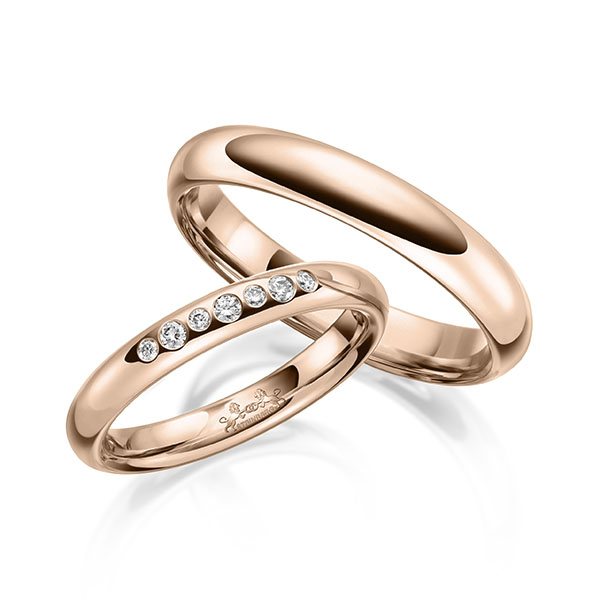 Paar klassische Trauringe/Eheringe in Rotgold 585 mit zus. 0,1 ct. Brillant tw, si von Steinberg - Q-1634-3 Paar klassische Trauringe/Eheringe in Rotgold 585 mit zus. 0,1 ct. Brillant tw, si von Steinberg - Q-1634-3