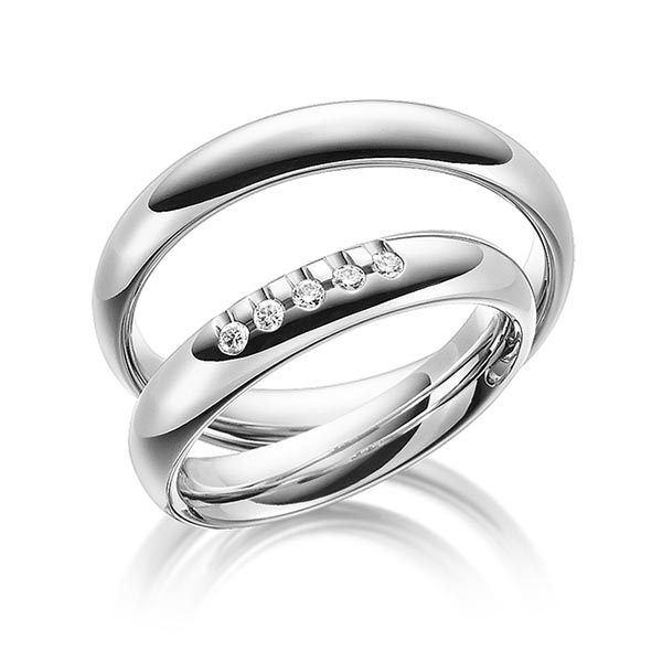 Paar klassische Trauringe/Eheringe in Weissgold 585 mit zus. 0,1 ct. Brillant tw, si von Steinberg - Q-1472-5 Paar klassische Trauringe/Eheringe in Weissgold 585 mit zus. 0,1 ct. Brillant tw, si von Steinberg - Q-1472-5