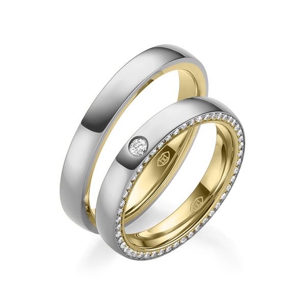 Set Bicolor Memoire-trouwringen in buiten grijsgoud 14 kt. , binnen geelgoud 14 kt. volledig gezet met in totaal 0,31 ct. Briljant tw/si - UQ-1008-3 Set Bicolor Memoire-trouwringen in buiten grijsgoud 14 kt. , binnen geelgoud 14 kt. volledig gezet met in totaal 0,31 ct. Briljant tw/si - UQ-1008-3