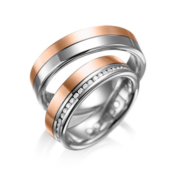 Set Bicolor Memoire-trouwringen in dark grey gold 14 kt. roodgoud 14 kt. volledig gezet met in totaal 0,47 ct. Briljant tw/si van acredo - A-1005-10 Set Bicolor Memoire-trouwringen in dark grey gold 14 kt. roodgoud 14 kt. volledig gezet met in totaal 0,47 ct. Briljant tw/si van acredo - A-1005-10