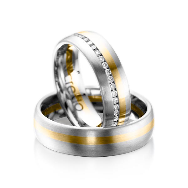 Set Bicolor Memoire-trouwringen in witgoud 14 kt. geelgoud 14 kt. volledig gezet met in totaal 0,47 ct. Briljant tw/si van acredo - A-1014-1 Set Bicolor Memoire-trouwringen in witgoud 14 kt. geelgoud 14 kt. volledig gezet met in totaal 0,47 ct. Briljant tw/si van acredo - A-1014-1