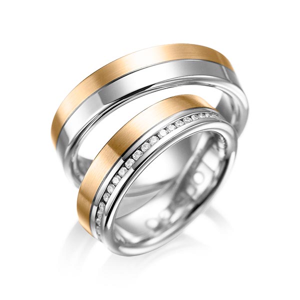 Set Bicolor Memoire-trouwringen in witgoud 14 kt. roségoud 14 kt. volledig gezet met in totaal 0,47 ct. Briljant tw/si van acredo - A-1005-8 Set Bicolor Memoire-trouwringen in witgoud 14 kt. roségoud 14 kt. volledig gezet met in totaal 0,47 ct. Briljant tw/si van acredo - A-1005-8