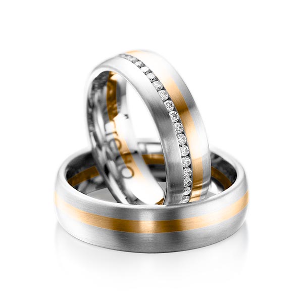Set Bicolor Memoire-trouwringen in witgoud 14 kt. roségoud 14 kt. volledig gezet met in totaal 0,47 ct. Briljant tw/si van acredo - A-1014-2 Set Bicolor Memoire-trouwringen in witgoud 14 kt. roségoud 14 kt. volledig gezet met in totaal 0,47 ct. Briljant tw/si van acredo - A-1014-2