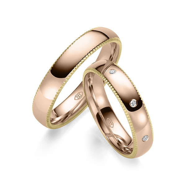 Set Bicolor trouwringen in geelgoud 14 kt. roodgoud 14 kt. met in totaal 0,08 ct. Briljant tw/si - UQ-1025-5 Set Bicolor trouwringen in geelgoud 14 kt. roodgoud 14 kt. met in totaal 0,08 ct. Briljant tw/si - UQ-1025-5