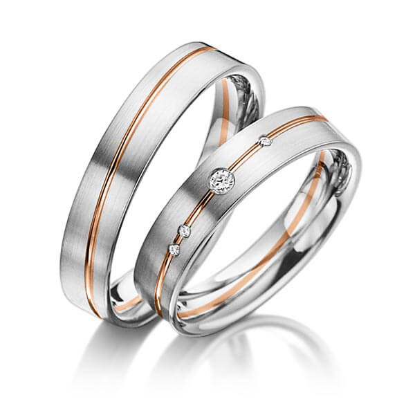 Set Bicolor trouwringen in grijsgoud 14 kt. roodgoud 14 kt. met in totaal 0,045 ct. Briljant tw/si van acredo - A-3017-6 Set Bicolor trouwringen in grijsgoud 14 kt. roodgoud 14 kt. met in totaal 0,045 ct. Briljant tw/si van acredo - A-3017-6