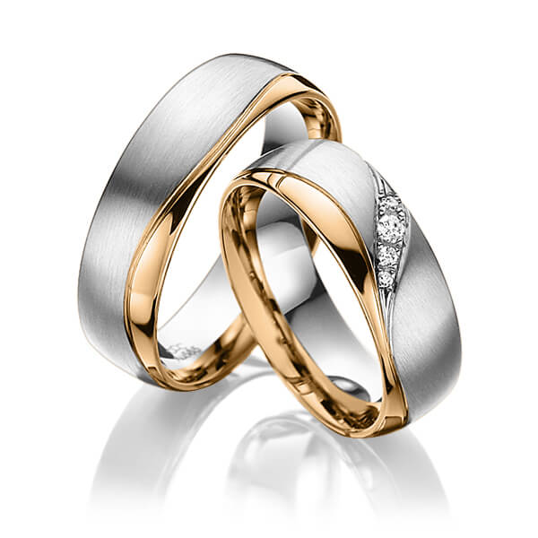 Set Bicolor trouwringen in grijsgoud 14 kt. roségoud 14 kt. met in totaal 0,06 ct. Briljant tw/si van acredo - A-3022-13 Set Bicolor trouwringen in grijsgoud 14 kt. roségoud 14 kt. met in totaal 0,06 ct. Briljant tw/si van acredo - A-3022-13