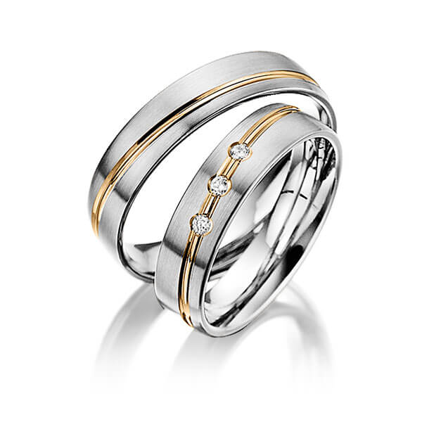 Set Bicolor trouwringen in grijsgoud 14 kt. roségoud 14 kt. met in totaal 0,06 ct. Briljant tw/si van Steinberg - Q-1394-11 Set Bicolor trouwringen in grijsgoud 14 kt. roségoud 14 kt. met in totaal 0,06 ct. Briljant tw/si van Steinberg - Q-1394-11