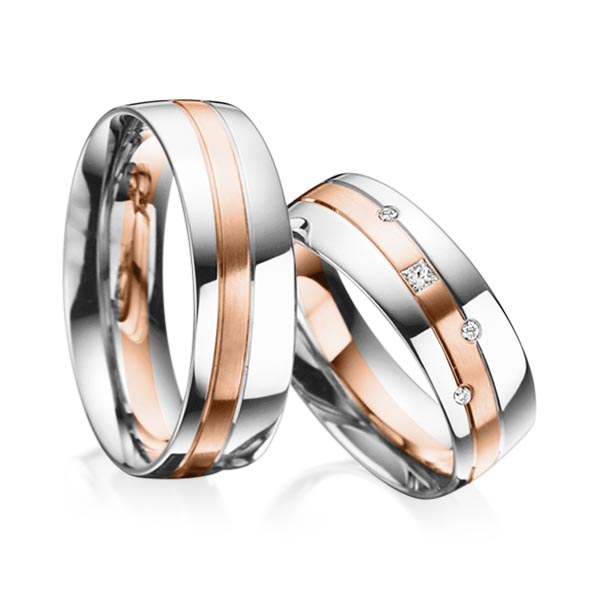 Set Bicolor trouwringen in platina 950 roodgoud 18 kt. met in totaal 0,07 ct. Princess-Diamant & Briljant tw/si van acredo - A-3019-8 Set Bicolor trouwringen in platina 950 roodgoud 18 kt. met in totaal 0,07 ct. Princess-Diamant & Briljant tw/si van acredo - A-3019-8