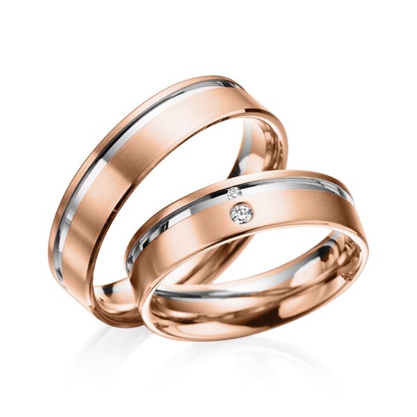 Set Bicolor trouwringen in roodgoud 14 kt. grijsgoud 14 kt. met in totaal 0,038 ct. Briljant tw/si van acredo - A-3013-16 Set Bicolor trouwringen in roodgoud 14 kt. grijsgoud 14 kt. met in totaal 0,038 ct. Briljant tw/si van acredo - A-3013-16