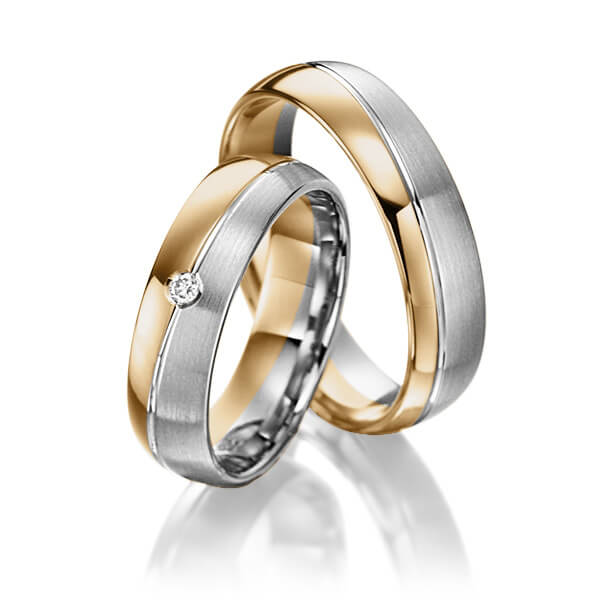 Set Bicolor trouwringen in roségoud 14 kt. dark grey gold 14 kt. met in totaal 0,02 ct. Briljant tw/si van Steinberg - Q-1390-17 Set Bicolor trouwringen in roségoud 14 kt. dark grey gold 14 kt. met in totaal 0,02 ct. Briljant tw/si van Steinberg - Q-1390-17