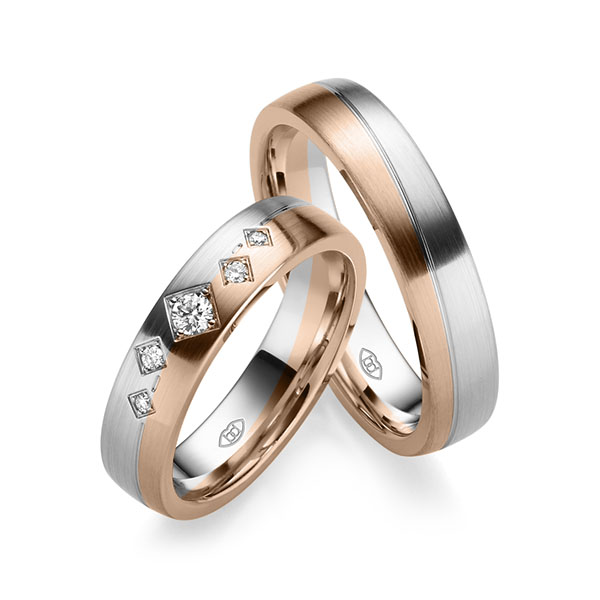 Set Bicolor trouwringen in witgoud 14 kt. roodgoud 14 kt. met in totaal 0,116 ct. Briljant w,si - UQ-1006-2 Set Bicolor trouwringen in witgoud 14 kt. roodgoud 14 kt. met in totaal 0,116 ct. Briljant w,si - UQ-1006-2