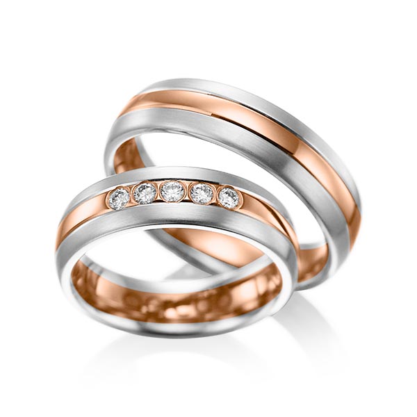 Set Bicolor trouwringen in witgoud 14 kt. roodgoud 14 kt. met in totaal 0,2 ct. Briljant tw/si van acredo - A-1001-2 Set Bicolor trouwringen in witgoud 14 kt. roodgoud 14 kt. met in totaal 0,2 ct. Briljant tw/si van acredo - A-1001-2