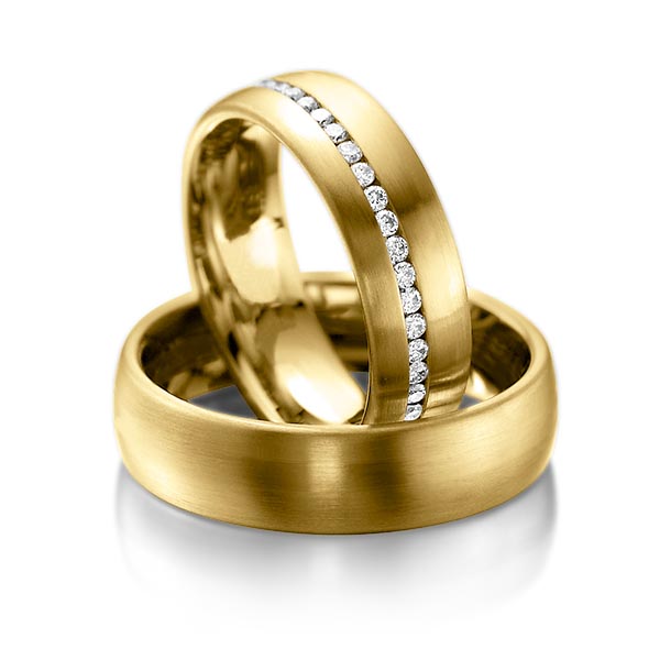 Set klassieke Memoire-trouwringen in geelgoud 14 kt. volledig gezet met in totaal 0,47 ct. Briljant tw/si van acredo - A-1014-9 Set klassieke Memoire-trouwringen in geelgoud 14 kt. volledig gezet met in totaal 0,47 ct. Briljant tw/si van acredo - A-1014-9