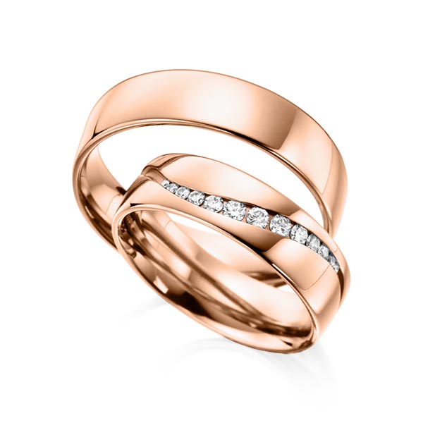 Set klassieke trouwringen in roodgoud 14 kt. met in totaal 0,206 ct. Briljant tw/si van acredo - A-6006-4 Set klassieke trouwringen in roodgoud 14 kt. met in totaal 0,206 ct. Briljant tw/si van acredo - A-6006-4