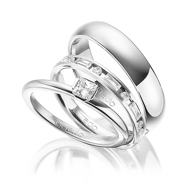 Tri-Set in Weissgold 750 mit zus. 1,015 ct. Prinzess-Diamant & Brillant & Baguette-Diamant tw, si tw, vs von acredo - A-1436-12 Tri-Set in Weissgold 750 mit zus. 1,015 ct. Prinzess-Diamant & Brillant & Baguette-Diamant tw, si tw, vs von acredo - A-1436-12