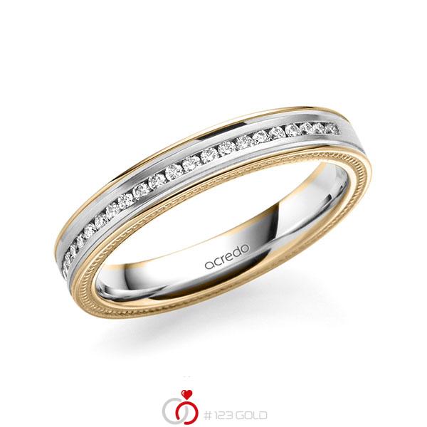 bicolor Memoire-Trauring/Ehering in Roségold 585 Weißgold 585 halbausgefasst mit zus. 0,192 ct. Brillant tw, si von acredo - A-1762-12 bicolor Memoire-Trauring/Ehering in Roségold 585 Weißgold 585 halbausgefasst mit zus. 0,192 ct. Brillant tw, si von acredo - A-1762-12