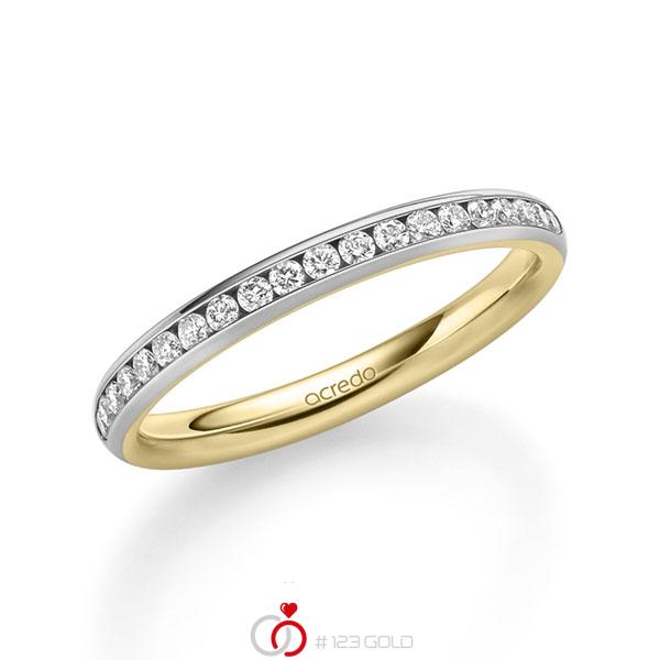 Bicolor Memoire-trouwring in buiten grijsgoud 14 kt. , binnen geelgoud 14 kt. half gezet met in totaal 0,285 ct. Briljant tw/si van acredo - A-1677-12 Bicolor Memoire-trouwring in buiten grijsgoud 14 kt. , binnen geelgoud 14 kt. half gezet met in totaal 0,285 ct. Briljant tw/si van acredo - A-1677-12