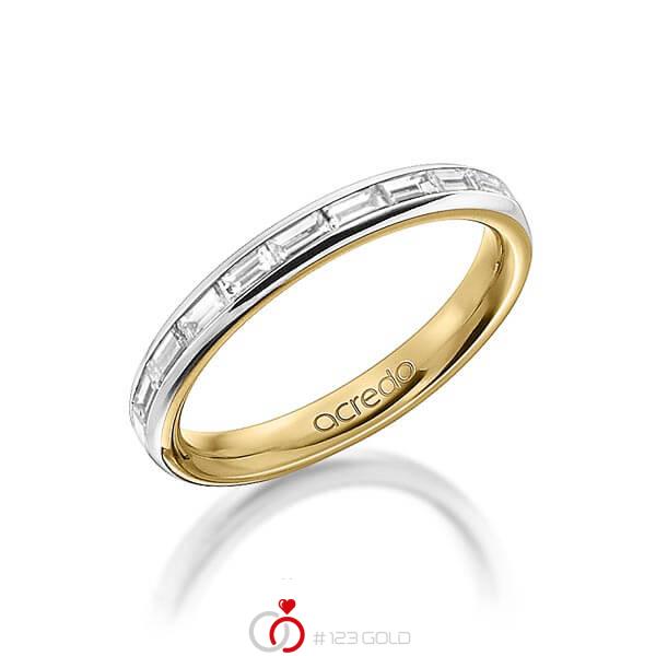 Bicolor Memoire-trouwring in buiten grijsgoud 14 kt. , binnen geelgoud 14 kt. half gezet met in totaal 0,55 ct. Baguette-Diamant tw,vs van acredo - A-1555-2 Bicolor Memoire-trouwring in buiten grijsgoud 14 kt. , binnen geelgoud 14 kt. half gezet met in totaal 0,55 ct. Baguette-Diamant tw,vs van acredo - A-1555-2