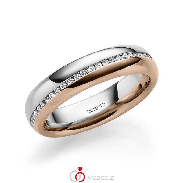 Bicolor Memoire-trouwring in witgoud 14 kt. roodgoud 14 kt. half gezet met in totaal 0,2 ct. Briljant tw/si van acredo - A-1629-12 Bicolor Memoire-trouwring in witgoud 14 kt. roodgoud 14 kt. half gezet met in totaal 0,2 ct. Briljant tw/si van acredo - A-1629-12
