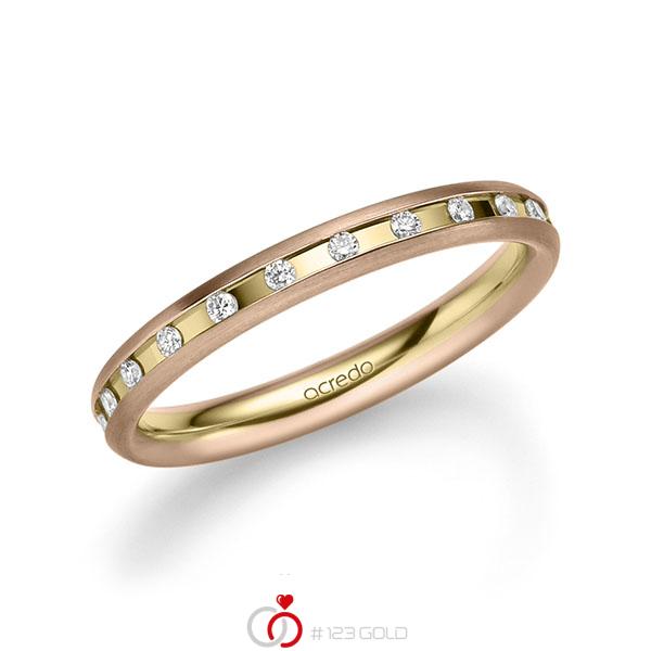 Bicolor trouwring in roodgoud 14 kt. geelgoud 14 kt. met in totaal 0,22 ct. Briljant tw/si van acredo - A-2216-4 Bicolor trouwring in roodgoud 14 kt. geelgoud 14 kt. met in totaal 0,22 ct. Briljant tw/si van acredo - A-2216-4