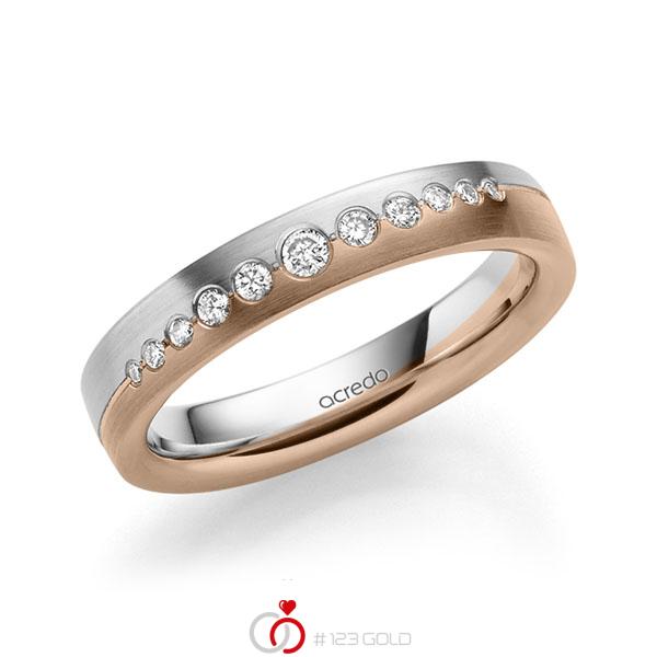 Bicolor trouwring in witgoud 14 kt. roodgoud 14 kt. met in totaal 0,156 ct. Briljant tw/si van acredo - A-1717-24 Bicolor trouwring in witgoud 14 kt. roodgoud 14 kt. met in totaal 0,156 ct. Briljant tw/si van acredo - A-1717-24