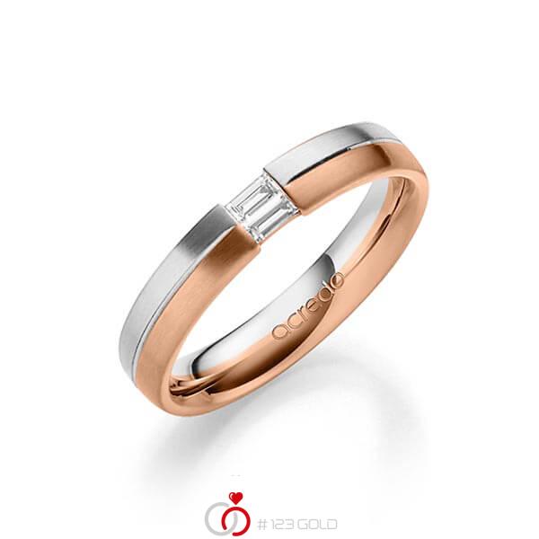 Bicolor trouwring in witgoud 14 kt. roodgoud 14 kt. met in totaal 0,1 ct. Baguette-Diamant tw,vs van acredo - A-1638-3 Bicolor trouwring in witgoud 14 kt. roodgoud 14 kt. met in totaal 0,1 ct. Baguette-Diamant tw,vs van acredo - A-1638-3