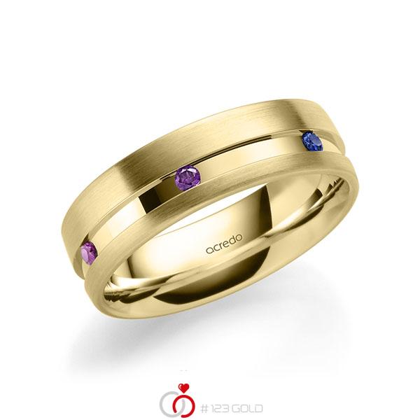 klassischer Trauring/Ehering in Gelbgold 585 mit zus. 0,24 ct. Brillant Rubin rot Saphir Blau (A 10) Apple Green Saphir Gelb (A 8) von acredo - A-2182-7 klassischer Trauring/Ehering in Gelbgold 585 mit zus. 0,24 ct. Brillant Rubin rot Saphir Blau (A 10) Apple Green Saphir Gelb (A 8) von acredo - A-2182-7