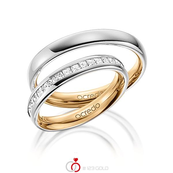 Paar bicolor Memoire-Trauringe/Eheringe in aussen Graugold 585 , innen Roségold 585 halbausgefasst mit zus. 0,57 ct. Prinzess-Diamant tw, si von acredo - A-1531-4 Paar bicolor Memoire-Trauringe/Eheringe in aussen Graugold 585 , innen Roségold 585 halbausgefasst mit zus. 0,57 ct. Prinzess-Diamant tw, si von acredo - A-1531-4