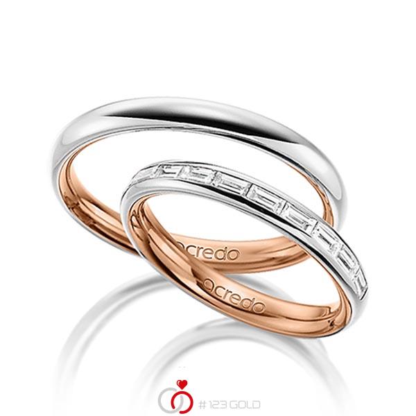 Paar bicolor Memoire-Trauringe/Eheringe in aussen Platin 950 , innen Rotgold 750 halbausgefasst mit zus. 0,5 ct. Baguette-Diamant tw, vs von acredo - A-1532-11 Paar bicolor Memoire-Trauringe/Eheringe in aussen Platin 950 , innen Rotgold 750 halbausgefasst mit zus. 0,5 ct. Baguette-Diamant tw, vs von acredo - A-1532-11
