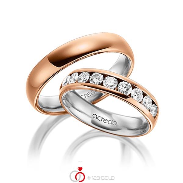 Paar bicolor Memoire-Trauringe/Eheringe in aussen Rotgold 585 , innen Graugold 585 halbausgefasst mit zus. 1,1 ct. Brillant tw, si von acredo - A-1534-2 Paar bicolor Memoire-Trauringe/Eheringe in aussen Rotgold 585 , innen Graugold 585 halbausgefasst mit zus. 1,1 ct. Brillant tw, si von acredo - A-1534-2