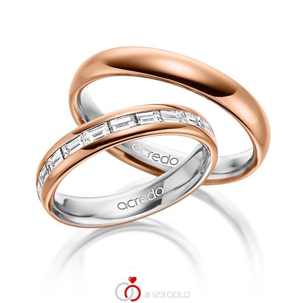 Paar bicolor Memoire-Trauringe/Eheringe in aussen Rotgold 750 , innen Platin 950 halbausgefasst mit zus. 0,8 ct. Baguette-Diamant tw, vs von acredo - A-1530-11 Paar bicolor Memoire-Trauringe/Eheringe in aussen Rotgold 750 , innen Platin 950 halbausgefasst mit zus. 0,8 ct. Baguette-Diamant tw, vs von acredo - A-1530-11