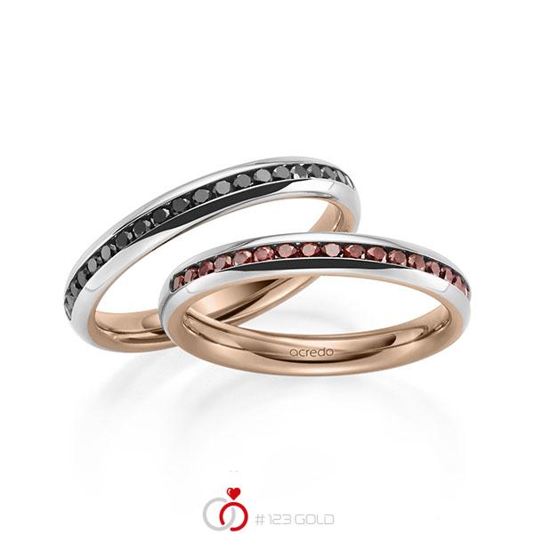 Paar bicolor Memoire-Trauringe/Eheringe in außen Weißgold 585 , innen Rotgold 585 halbausgefasst mit zus. 0,63 ct. Brillant Red Cherry schwarz von acredo - A-2176-1 Paar bicolor Memoire-Trauringe/Eheringe in außen Weißgold 585 , innen Rotgold 585 halbausgefasst mit zus. 0,63 ct. Brillant Red Cherry schwarz von acredo - A-2176-1