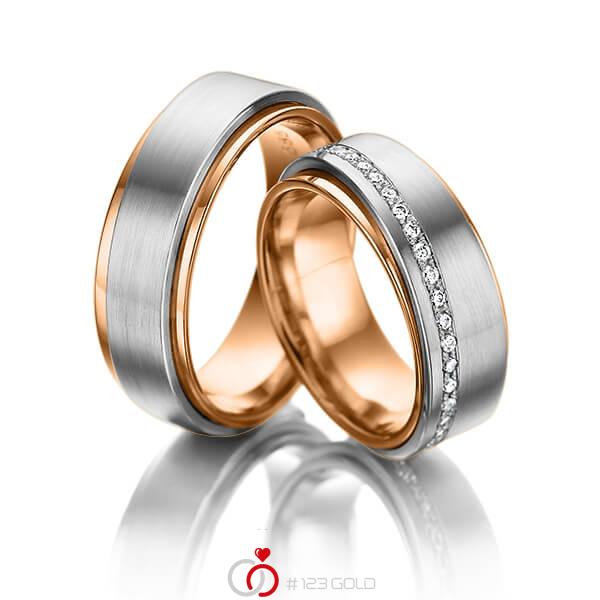 Paar bicolor Memoire-Trauringe/Eheringe in aussen Weissgold 585 , innen Rotgold 585 vollausgefasst mit zus. 0,49 ct. Brillant tw, si von 123gold - Y-1352-3 Paar bicolor Memoire-Trauringe/Eheringe in aussen Weissgold 585 , innen Rotgold 585 vollausgefasst mit zus. 0,49 ct. Brillant tw, si von 123gold - Y-1352-3