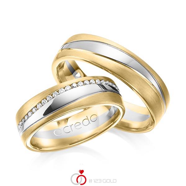 Paar bicolor Memoire-Trauringe/Eheringe in Gelbgold 585 Weißgold 585 vollausgefasst mit zus. 0,4 ct. Brillant tw, si von acredo - A-1153-13 Paar bicolor Memoire-Trauringe/Eheringe in Gelbgold 585 Weißgold 585 vollausgefasst mit zus. 0,4 ct. Brillant tw, si von acredo - A-1153-13