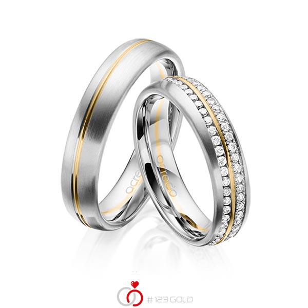 Paar bicolor Memoire-Trauringe/Eheringe in Graugold 585 Gelbgold 585 vollausgefasst mit zus. 0,784 ct. Brillant tw, si von acredo - A-1630-10 Paar bicolor Memoire-Trauringe/Eheringe in Graugold 585 Gelbgold 585 vollausgefasst mit zus. 0,784 ct. Brillant tw, si von acredo - A-1630-10