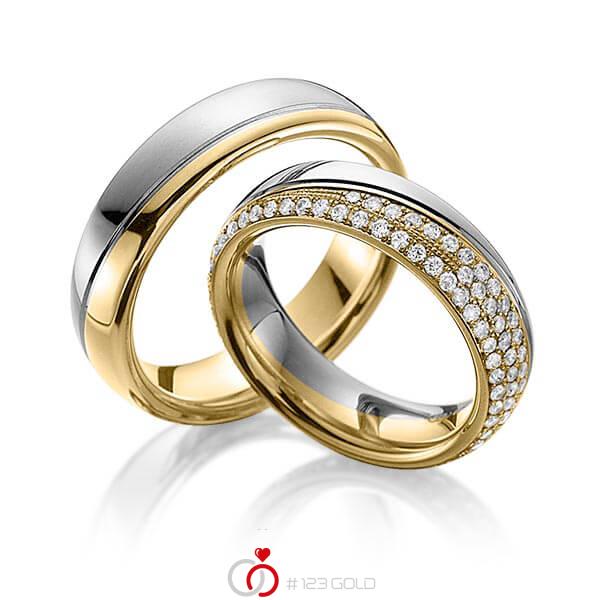 Paar bicolor Memoire-Trauringe/Eheringe in Graugold 585 Gelbgold 585 vollausgefasst mit zus. 0,85 ct. Brillant tw, vs von 123gold - Y-1276-6 Paar bicolor Memoire-Trauringe/Eheringe in Graugold 585 Gelbgold 585 vollausgefasst mit zus. 0,85 ct. Brillant tw, vs von 123gold - Y-1276-6