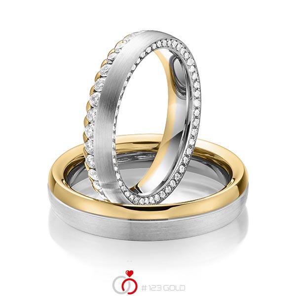 Paar bicolor Memoire-Trauringe/Eheringe in Graugold 585 Gelbgold 585 vollausgefasst mit zus. 1,11 ct. Brillant tw, si von Steinberg - Q-1484-10 Paar bicolor Memoire-Trauringe/Eheringe in Graugold 585 Gelbgold 585 vollausgefasst mit zus. 1,11 ct. Brillant tw, si von Steinberg - Q-1484-10