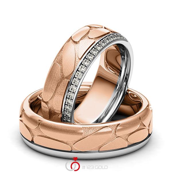Paar bicolor Memoire-Trauringe/Eheringe in Graugold 585 Rotgold 585 Laser Struktur halbausgefasst mit zus. 0,22 ct. Brillant tw, si von 123gold - Y-1392-11 Paar bicolor Memoire-Trauringe/Eheringe in Graugold 585 Rotgold 585 Laser Struktur halbausgefasst mit zus. 0,22 ct. Brillant tw, si von 123gold - Y-1392-11
