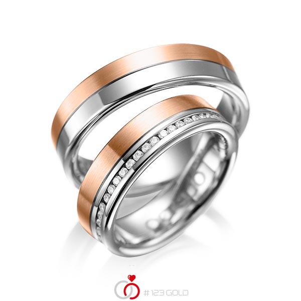 Paar bicolor Memoire-Trauringe/Eheringe in Graugold 585 Rotgold 585 vollausgefasst mit zus. 0,47 ct. Brillant tw, si von acredo - A-1005-13 Paar bicolor Memoire-Trauringe/Eheringe in Graugold 585 Rotgold 585 vollausgefasst mit zus. 0,47 ct. Brillant tw, si von acredo - A-1005-13