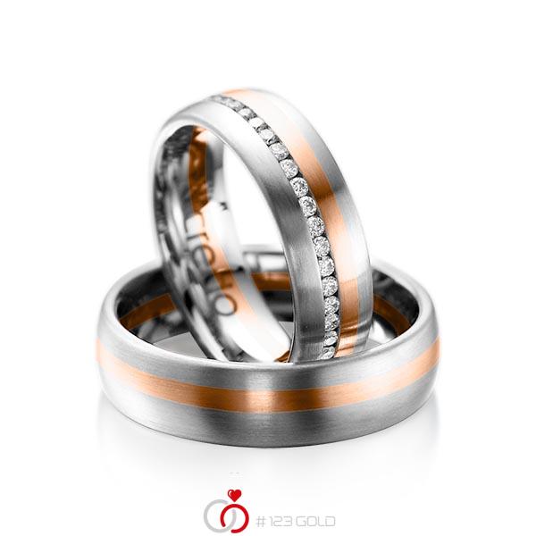 Paar bicolor Memoire-Trauringe/Eheringe in Graugold 585 Rotgold 585 vollausgefasst mit zus. 0,47 ct. Brillant tw, si von acredo - A-1014-6 Paar bicolor Memoire-Trauringe/Eheringe in Graugold 585 Rotgold 585 vollausgefasst mit zus. 0,47 ct. Brillant tw, si von acredo - A-1014-6